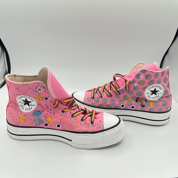 Converse All Star high tops women size 8 pink rainbow peace signs - Picture 4 of 7